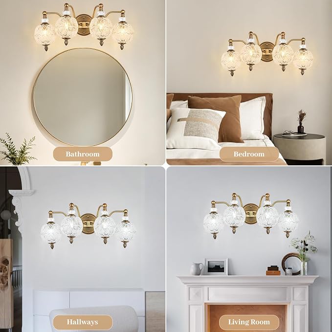 Vintage Bathroom Vanity Light, 4-Light Mid Century Matte Antique Brass Finish Wall Sconce with Globe Glass Shades, Retro Mirror Light for Bathroom, Powder Room