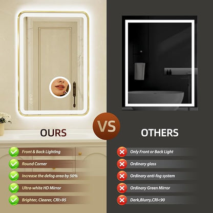 24x36 Inch Gold Framed LED Bathroom Mirror with Lights,Magnifying Tempered Glass,Dimmable Lighted Bathroom Vanity Mirror with 3 Colors, Backlit + Frontlit, Anti-Fog