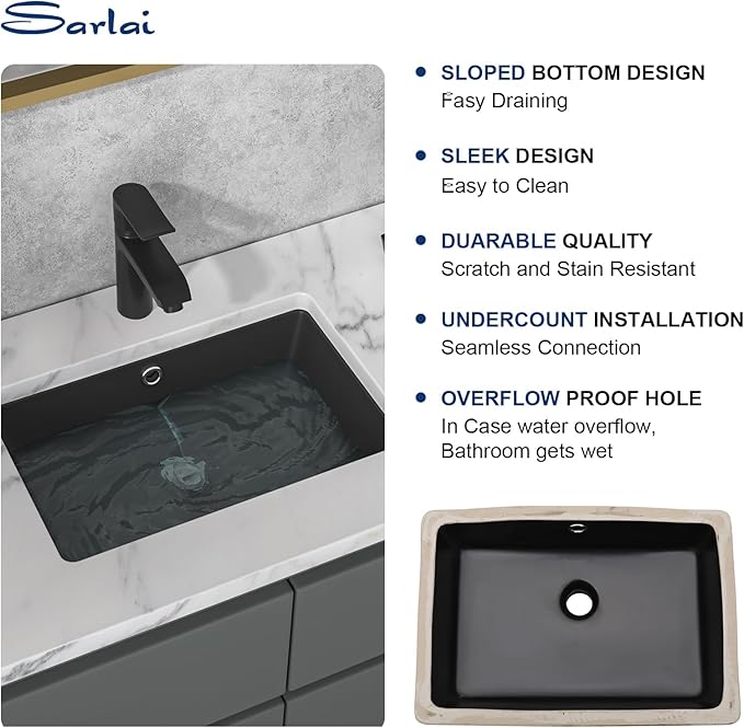 Sarlai Undermount Bathroom Sink - 18 x 12 inch Black Vessel Sink Undermount Sink Rectangular Modern Ceramic Rectangle Vanity Art Basin with Overflow, Interior Dimension 16-1/4 x 10-3/5 Inch
