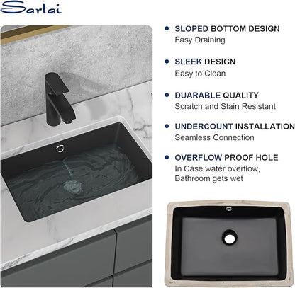 Sarlai Undermount Bathroom Sink - 18 x 12 inch Black Vessel Sink Undermount Sink Rectangular Modern Ceramic Rectangle Vanity Art Basin with Overflow, Interior Dimension 16-1/4 x 10-3/5 Inch