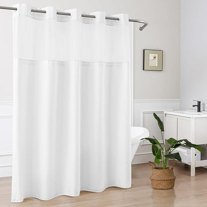 No Hook Shower Curtain with Snap-in Fabric Liner 71x74, White | Embossed Waffle-Look Textured, Sheer Window Hotel Style, Soft & Washable White Fabric Shower Curtain for Bathroom