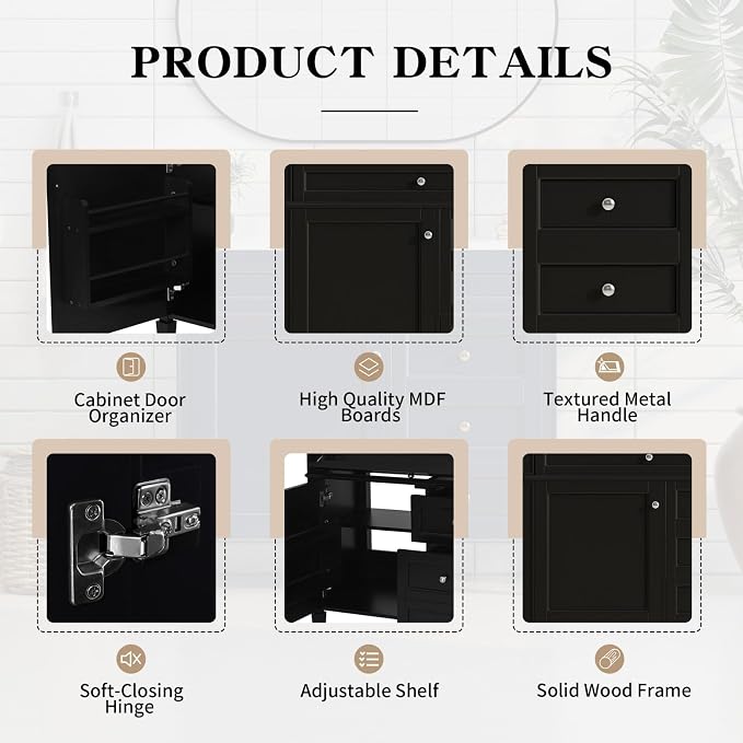 Merax 36'' Bathroom Vanity Without Top Sink, Solid Rubberwood Frame Cabinet | Modern Bathroom Vanity Storage Cabinet with 2 Drawers, Tip-out Drawer, Adjustable Shelf, Soft Closing Doors, Black