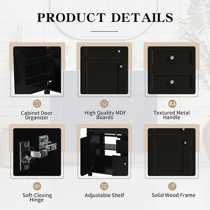 Merax 36'' Bathroom Vanity Without Top Sink, Solid Rubberwood Frame Cabinet | Modern Bathroom Vanity Storage Cabinet with 2 Drawers, Tip-out Drawer, Adjustable Shelf, Soft Closing Doors, Black