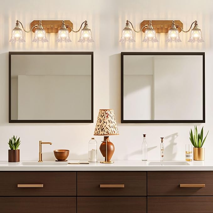 Gold Vintage Bathroom Light Fixtures, 4-Lights Bathroom Vanity Light, Antique Brushed Gold Lighting Fixtures Over Mirror with Crystal Glass Shade, Wall Sconce Lighting