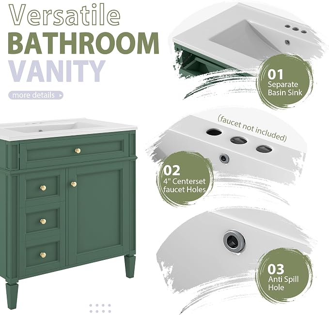 Merax 30 Inch Bathroom Vanity with Sink Set, Modern Bathroom Vanity Storage Cabinet with Matching Mirror Medicine Cabinet, Solid Wood Frame，Painted Finish, 2 Drawers and 1 Tip-Out Drawer, Green