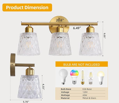 Brushed Gold Bathroom Vanity Light Over Mirror, 3-Light Stainless Steel Bathroom Fixture with Textured Glass Shades, Modern Wall Mount Vanity Lighting, E26 Sockets (Bulbs Not Included)