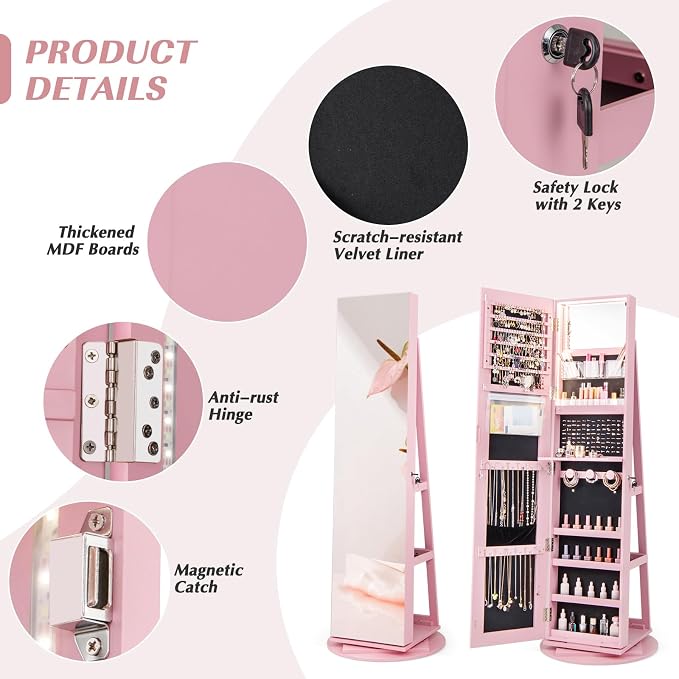 GOFLAME 360° Rotating Jewelry Cabinet with Full-Length Mirror, Freestanding Jewelry Armoire with 3-Color LED Light and Back Storage Shelf, Lockable Jewelry Organizer for Bedroom Cloakroom, Pink