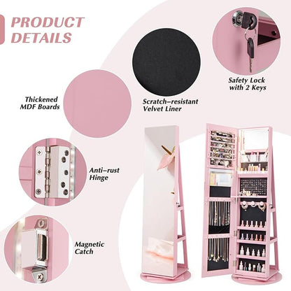 GOFLAME 360° Rotating Jewelry Cabinet with Full-Length Mirror, Freestanding Jewelry Armoire with 3-Color LED Light and Back Storage Shelf, Lockable Jewelry Organizer for Bedroom Cloakroom, Pink