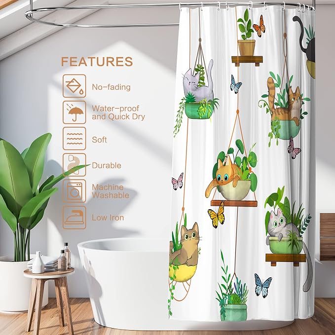 Hanging Potted Plants Cat Shower Curtain, Bracketplant KittyShower Curtain for Bathroom with 12 Hooks Polyester Fabric Waterproof Shower Curtain Sets Machine Washable Kids Bath Curtain