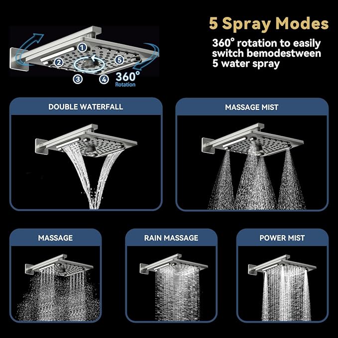 ELLO&ALLO Shower Faucet Set Mixing Valve and Trim Kit Brushed Nickel, Rainfall Waterfall Shower Head with Handheld Combo