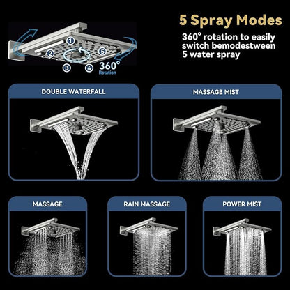 ELLO&ALLO Shower Faucet Set Mixing Valve and Trim Kit Brushed Nickel, Rainfall Waterfall Shower Head with Handheld Combo