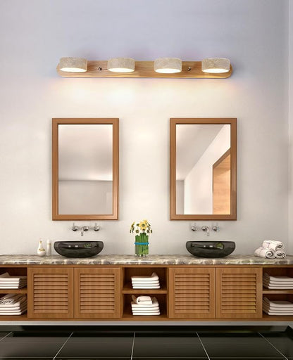 Natural Wood Vanity Light, 27.6 Inches Wabi Sabi Travertine Wall Sconce with 360° Rotatable Natural Stone Lampshade and Wooden Base Nordic Style Farmhouse Vanity Lights for Bathroom (4 Lights)