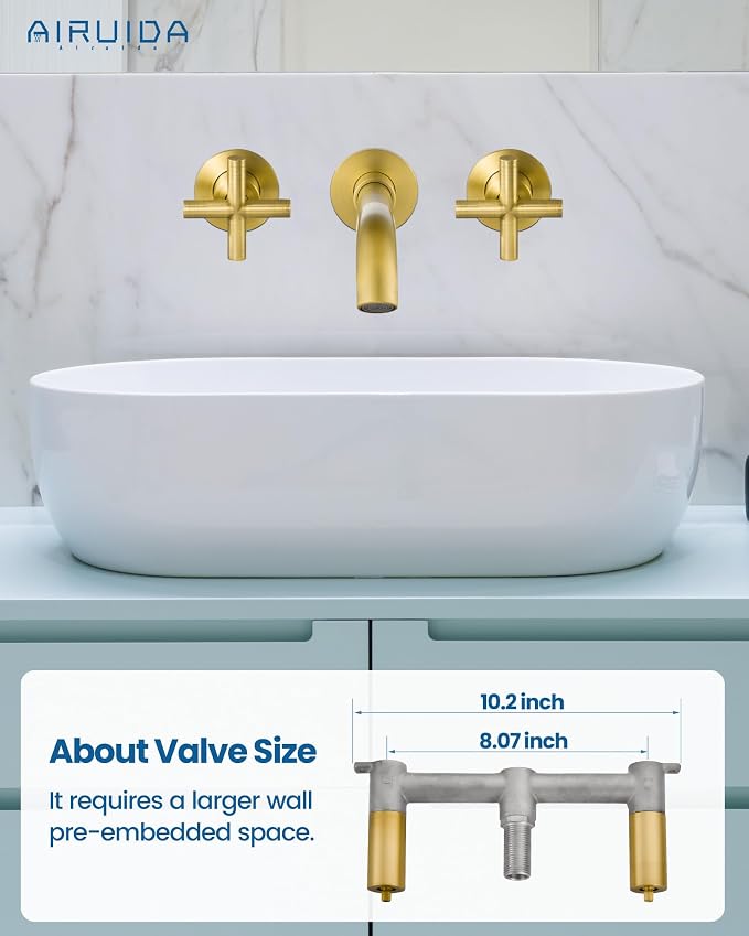Airuida Solid Brass Antique Brass Wall Mount Bathroom Faucet | 360° Swivel Spout,Rough in Valve,2 Cross Handle,3 Hole,Widespread