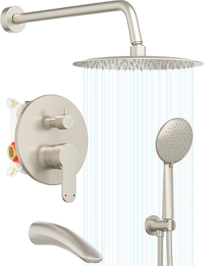 Gabrylly Shower System with Tub Spout, Bathtub Shower Faucet Set with High Pressure 12" Rain head and Handheld Spray, 3-Way Pressure Balance Valve Kit, Brushed Nickel