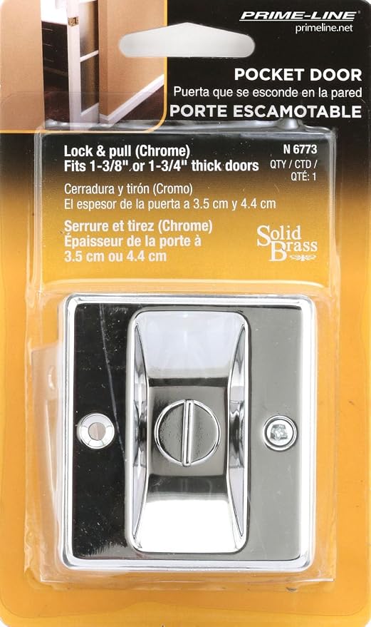 Prime-Line N 6773 Pocket Door Privacy Lock with Pull, Chrome | Single Pack, Replace Old or Damaged Locks, Quick and Easy Installation