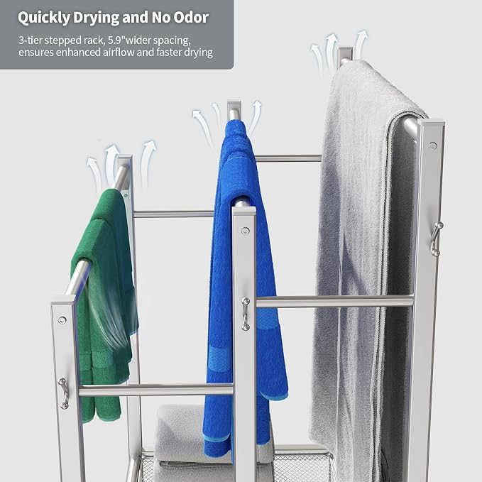 HavenlyYouth Free Standing Towel Rack for Bathroom, 3 Tier Blanket Drying Holder for Outside, Pool Towel Rack with Metal Shelf for Display and Storage, 35.8" H x 31.5" L x 11.8" W, Satin Nickel