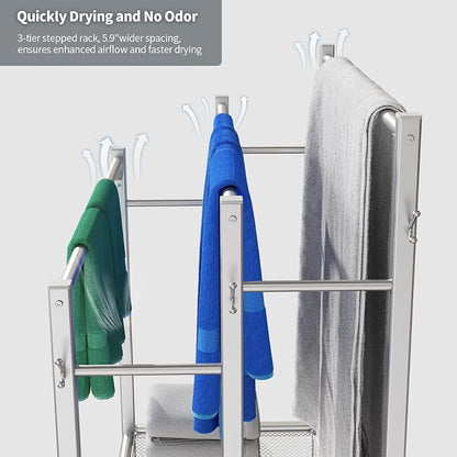 HavenlyYouth Free Standing Towel Rack for Bathroom, 3 Tier Blanket Drying Holder for Outside, Pool Towel Rack with Metal Shelf for Display and Storage, 35.8" H x 31.5" L x 11.8" W, Satin Nickel