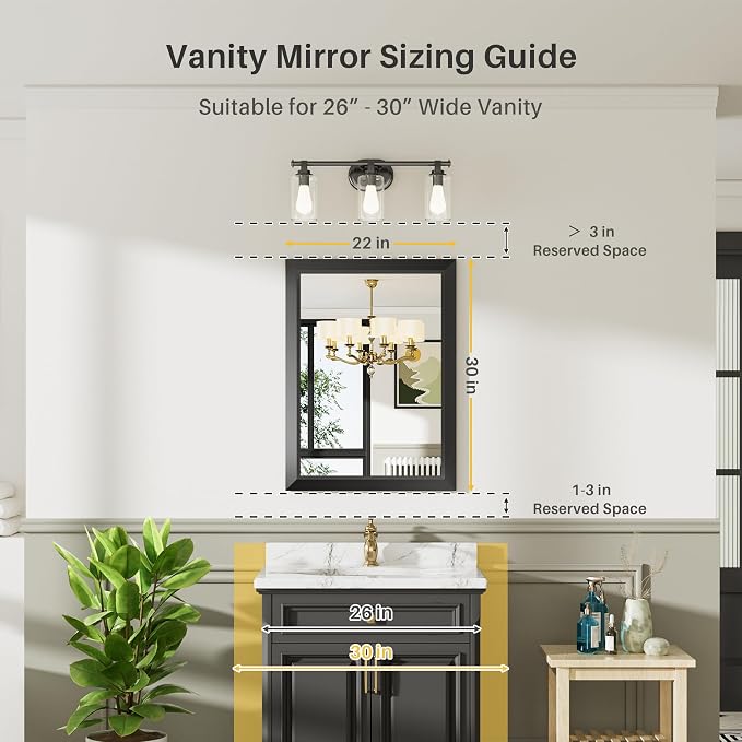 2-Pack 22x30 Inch Black Bathroom Mirror for Wall, Thick Metal Framed Rectangle Mirrors for Over Sink, Bedroom, Living Room, Entryway, Anti-Rust, HD Tempered Glass