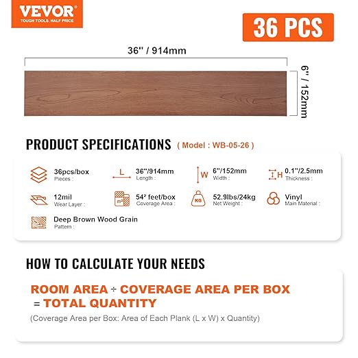 VEVOR Self Adhesive Vinyl Floor Tiles 36x6 inch, 36 Tiles 2.5mm Thick Peel & Stick Tile 54 Sq.Ft, Deep Brown Wood Grain DIY Flooring for Kitchen Dining Room Bedrooms & Bathrooms, Easy for Home Decor