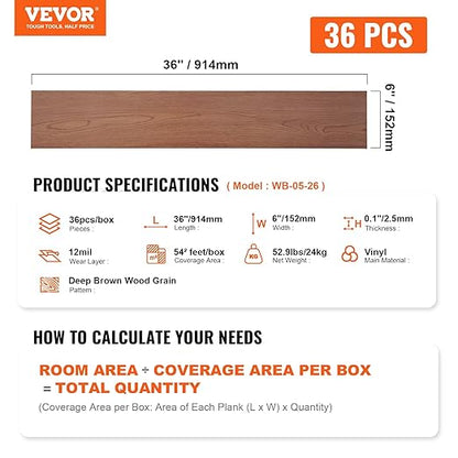VEVOR Self Adhesive Vinyl Floor Tiles 36x6 inch, 36 Tiles 2.5mm Thick Peel & Stick Tile 54 Sq.Ft, Deep Brown Wood Grain DIY Flooring for Kitchen Dining Room Bedrooms & Bathrooms, Easy for Home Decor