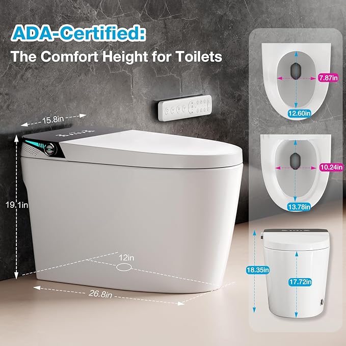 Smart Bidet Toilet, One Piece Elongated Heated Toilet with Auto Open Close,Auto Flush,Foot Sensor,Warm Water Wash,Air Dryer,Self-Cleaning Nozzle,ADA Compliant Height, Tankless Modern Bathroom Toilet