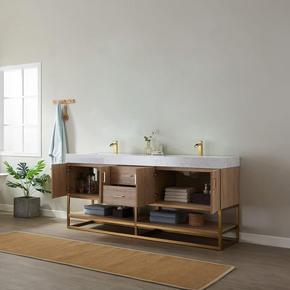 Vinnova Alistair 72" Double Sink Bathroom Vanity in North American Oak, Pre-assembled, with White Grain Stone Countertop Without Mirror