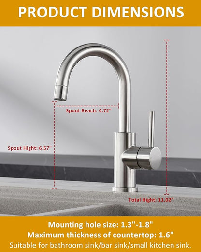 Tohlar Brushed Nickel Bar Sink Faucet Single Handle, Single Hole Bathroom Sink Faucet with Sprayer, Prep Wet Small Faucet for Kitchen/RV/Vanity, Bathroom Faucet with Swivel Spout & Pop Up Drain