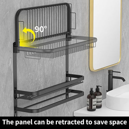 Foldable 23.22 Inch Rowel Rack Wall Mounted with Bathroom Shower Shelves Stainless Steel Towel Bar Without Drilling and Screw Installation (Black)