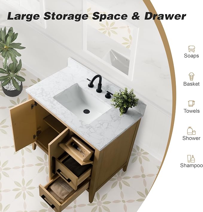 36 Inch Bathroom Vanity with Sink & Ceramic Top, Single Vanity Cabinet with Basin, Soft-Closing Doors & Matte Black Hardware, Natural Oak