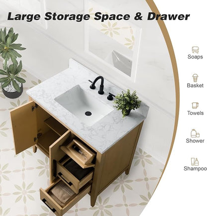 36 Inch Bathroom Vanity with Sink & Ceramic Top, Single Vanity Cabinet with Basin, Soft-Closing Doors & Matte Black Hardware, Natural Oak