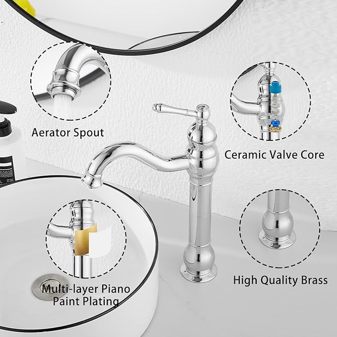 GGStudy 360° Swivel Chrome Single Handle One Hole Bathroom Sink Faucet Matching with Pop Up Drain