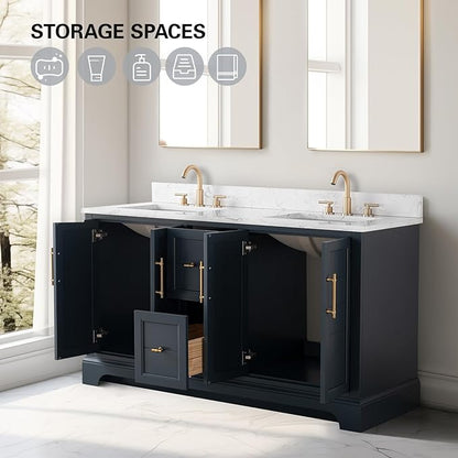 HOMEBEYOND 60 Inch Bathroom Vanity with Double Sink & Ceramic Top, Vanity Cabinet with Center Countertop Basin, Soft-Closing Doors, Backsplash, Vintage Spruce Blue
