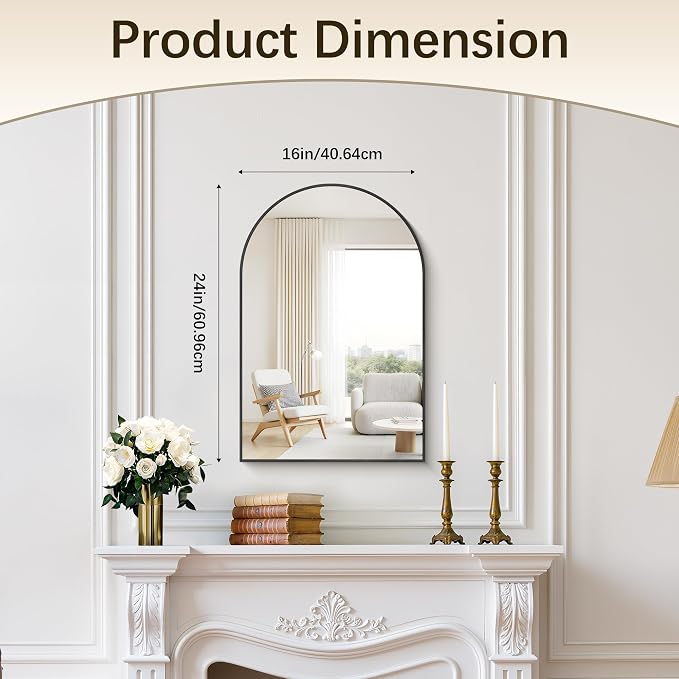 Arched Bathroom Mirror 16x24 Inch, Bathroom Mirror for Over Sink, Wall Mounted Vanity Mirror with Aluminum Frame & Tempered Glass, Ideal for Bedroom, Entryway, Living Room, Black