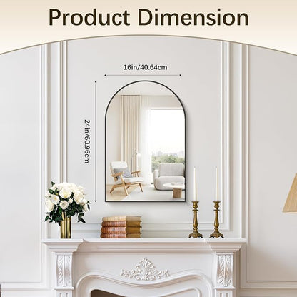Arched Bathroom Mirror 16x24 Inch, Bathroom Mirror for Over Sink, Wall Mounted Vanity Mirror with Aluminum Frame & Tempered Glass, Ideal for Bedroom, Entryway, Living Room, Black