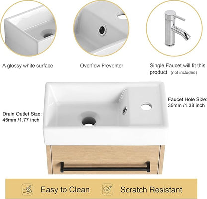 Malwee 16" Floating Bathroom Vanity with Sink, 16 inch Modern Brown Wall Mounted Bathroom Cabinet Combo for Small Space, Narrow Bath Wall-Hung Vanity Set with 1 Ceramic Basin and 1 Door(16cx)