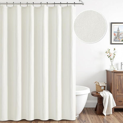 ANRODUO White Linen Textured Fabric Shower Curtain Set - W70xL72 | Farmhouse Shower Curtain with 12 Metal Hooks, Waterproof Heavy Duty, Button Hole Design, Machine Washable for Bathroom