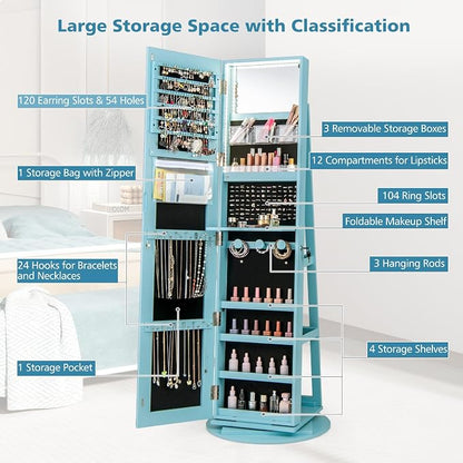 CHARMAID 360° Swivel Jewelry Armoire with Full Length Mirror, Rear Storage Shelves, Lockable Standing Jewelry Cabinet Organizer with Interior Vanity Mirror and 3-Color Lights (Sky Blue)
