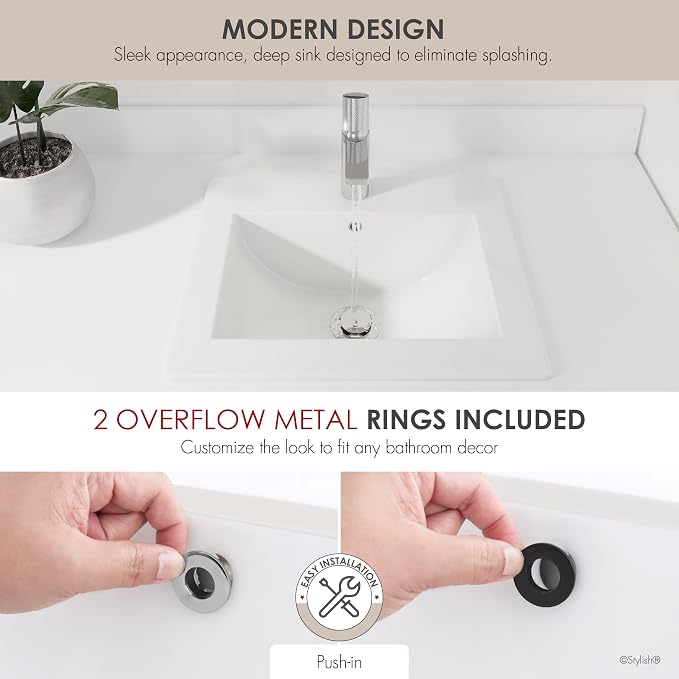 Stylish 21" White Porcelain Top-Mount Bathroom Sink, Rectangular Basin with Overflow Caps, High-Gloss Finish, cUPC Certified, Fits 22″ Cabinets, P-211H