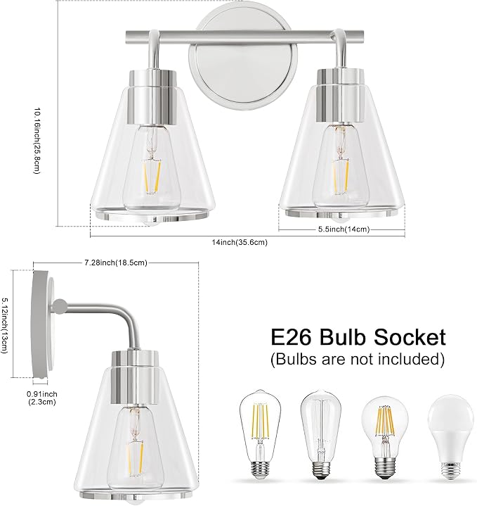 Bathroom Light Fixtures Over Mirror Polished Nickel Vanity Light 2-Lights | Bathroom Vanity Lights with Clear Glass Shade, 14 inch Vanity Lighting Fixtures, Modern Wall Sconces Bath Light