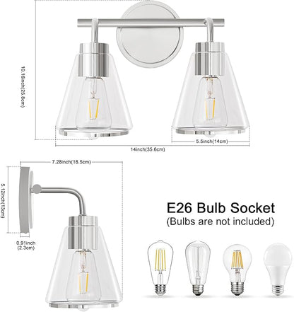 Bathroom Light Fixtures Over Mirror Polished Nickel Vanity Light 2-Lights | Bathroom Vanity Lights with Clear Glass Shade, 14 inch Vanity Lighting Fixtures, Modern Wall Sconces Bath Light