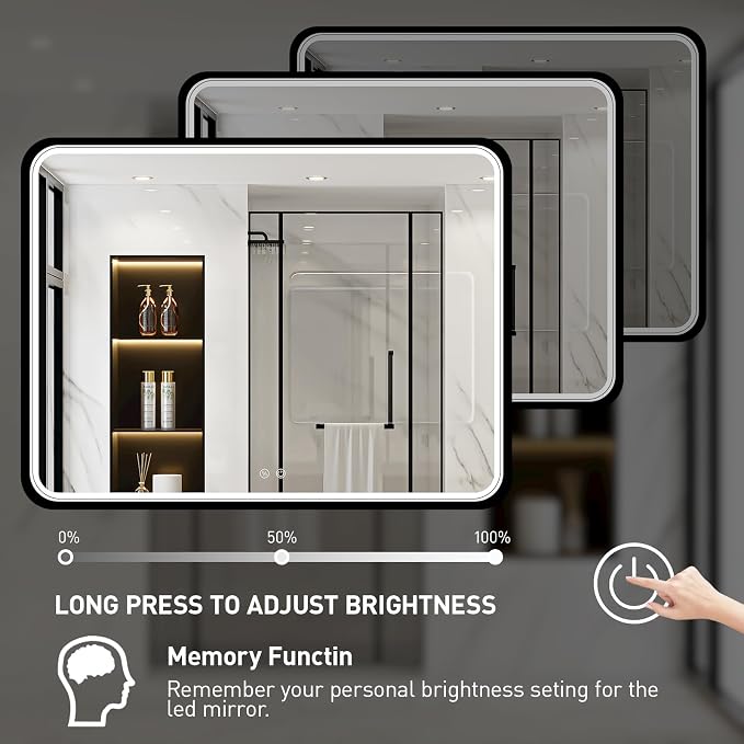 LED 43x36 Inch Lighted Bathroom Mirror,Black Frame,3 Color | ETL Listed,Anti-Fog,3000K/4500K/6000K Dimmable,Horizontal & Vertical,Wall Mounted,Memory Function,Ideal for Bathroom,Vanity