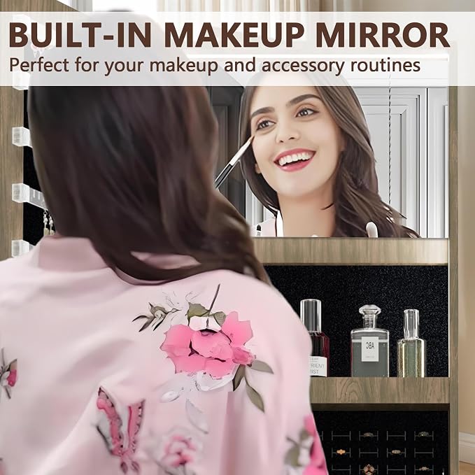 360° Swivel Jewelry Armoire with Full-Length Mirror, Lockable Standing Jewelry Cabinet Organizer w/ Inside Makeup Mirror, Back Storage Shelves for Bedroom, Cloakroom, Living Room (Antique Brown1)