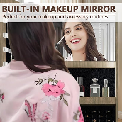 360° Swivel Jewelry Armoire with Full-Length Mirror, Lockable Standing Jewelry Cabinet Organizer w/ Inside Makeup Mirror, Back Storage Shelves for Bedroom, Cloakroom, Living Room (Antique Brown1)