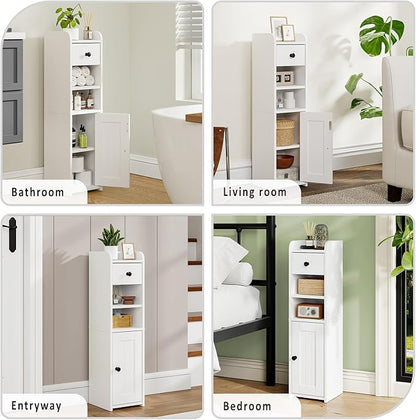 Small Bathroom Storage Cabinet,Narrow Toilet Paper Holder,Corner Floor Cabinet with Doors and Drawer for Small Space,Adjustable Shelf Organizer,7.75L*7.75D*29.6H,White