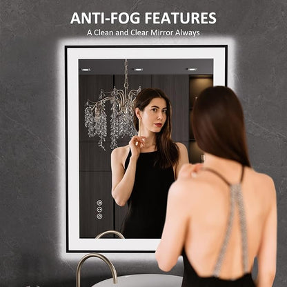 LOAAO 28"X36" LED Bathroom Mirror Black Framed | Anti-Fog, Dimmable, Memory Function, Tempered Glass, Lighted Vanity Mirror for Wall