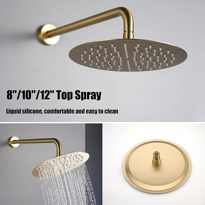 BEITH Shower System Concealed, 2 Functions Brushed Gold Shower Set, 8in/10in/12in Shower Faucet Set, 304 Stainless Steel Round Rotatable Shower Head, Brass Body, Self-cleaning