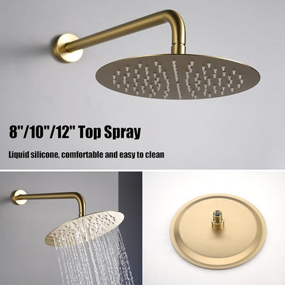 BEITH Shower System Concealed, 2 Functions Brushed Gold Shower Set, 8in/10in/12in Shower Faucet Set, 304 Stainless Steel Round Rotatable Shower Head, Brass Body, Self-cleaning