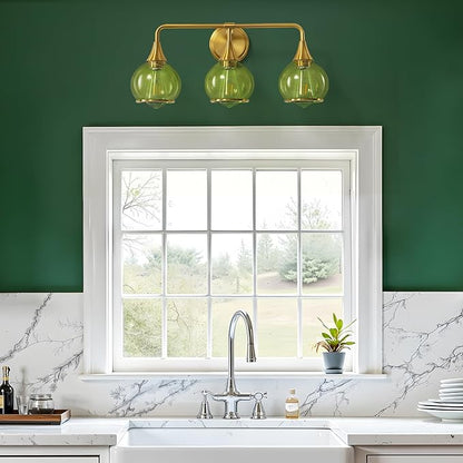 Brushed Gold Bathroom Vanity Light 3-Lights Bathroom Light Fixtures Over Mirror with Green Clear Glass Shade 22.4 inch Wall Sconce Lighting Bath(Exclude E26 Bulb)