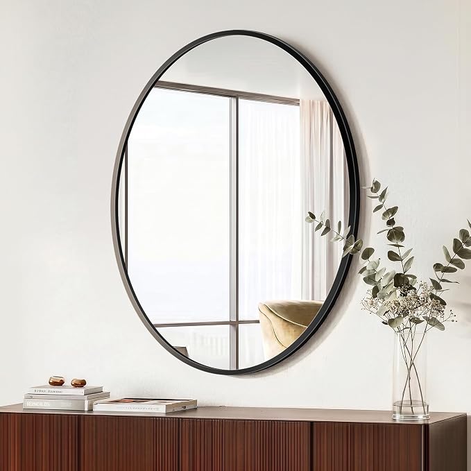 Black Oval Bathroom Mirror for Wall, 22"x28" Bathroom Vanity Mirror | HD Shatterproof Glass, Metal Framed, Oval Vanity Mirrors for Bathroom, Bedroom, Living Room, Entryway, Horizontal or Vertical