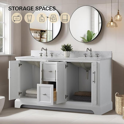 HOMEBEYOND 60 Inch Bathroom Vanity with Double Sink & Ceramic Top, Vanity Cabinet with Center Countertop Basin, Soft-Closing Doors, Backsplash,White